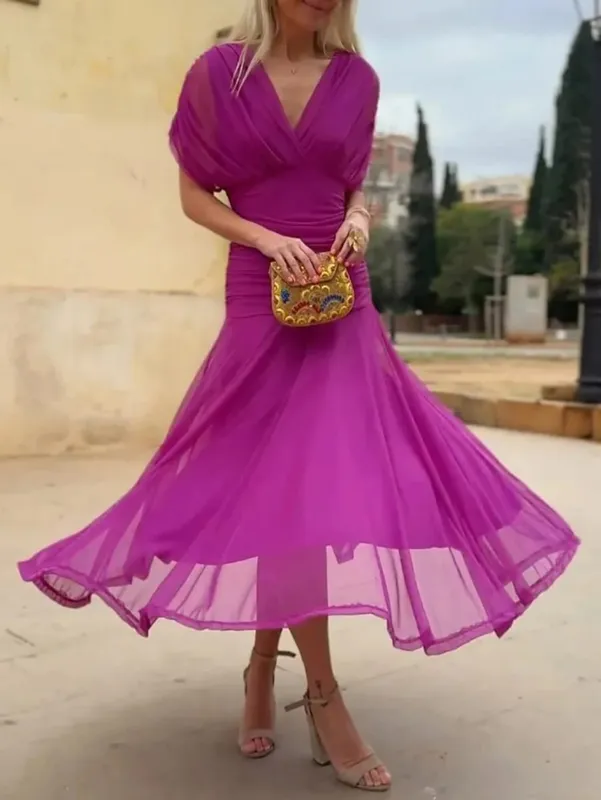 Feminino sólido profundo decote em v malha vestido longo elegante puff manga curta ruched cintura alta vestidos 2026 verão senhora casual rua robe