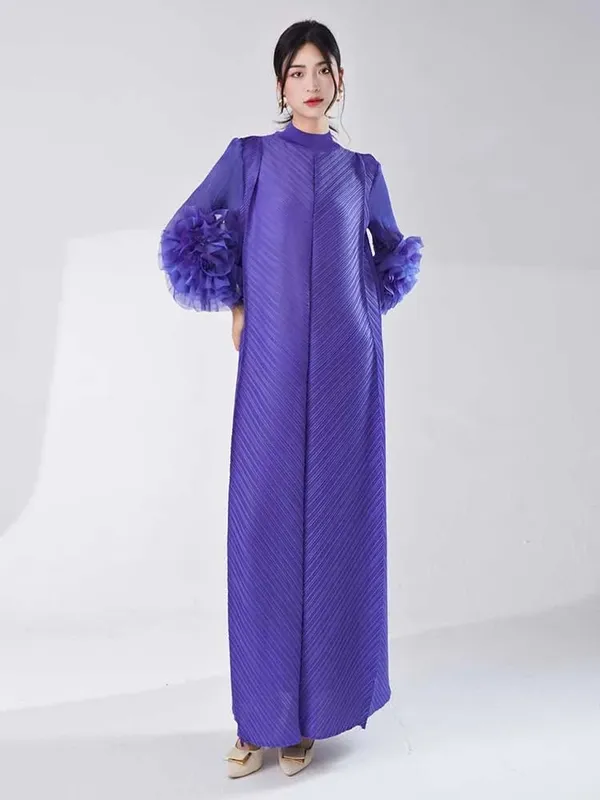 Vestido longo plissado com mangas babados, solto, cor sólida, costura, roupas femininas para festa, verão, roupas novas 2da5900