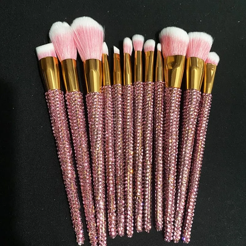 Pincéis de maquiagem cravejados de diamantes 12 Pçs/set Gemas Ferramentas de beleza de maquiagem Full Diamond Loose Powder Foundation Pincel corretivo Bling