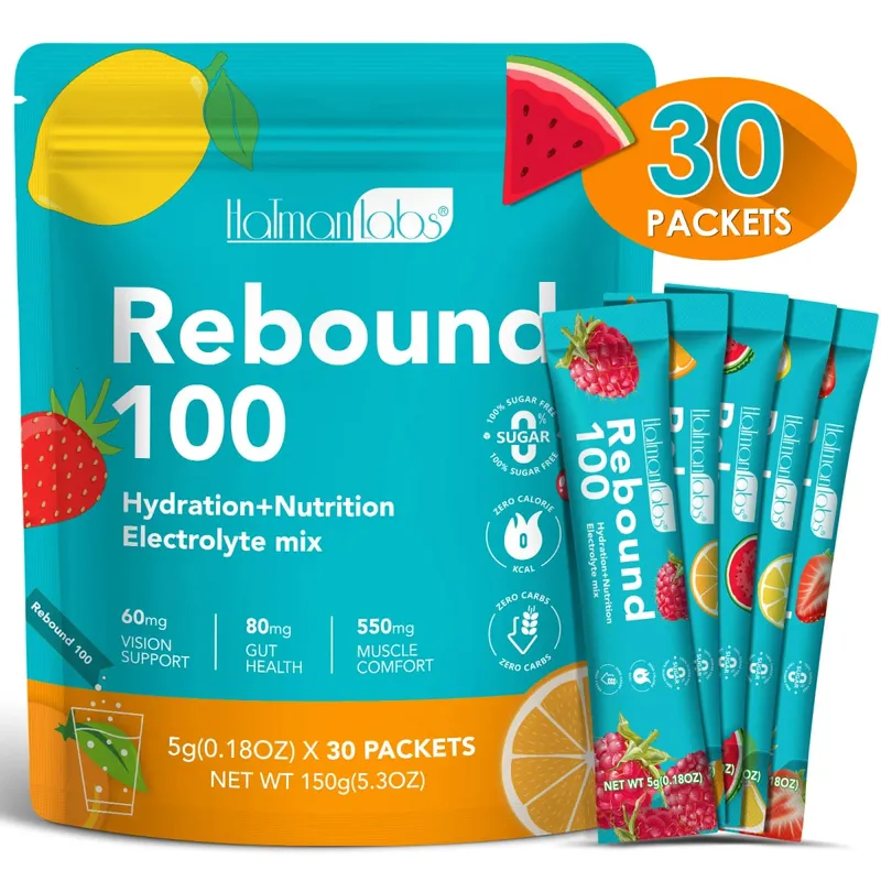 Rebound 100 電解質粉，用於水合肌肉舒適，零糖和卡路里鍛煉能量飲料混合物 30 片