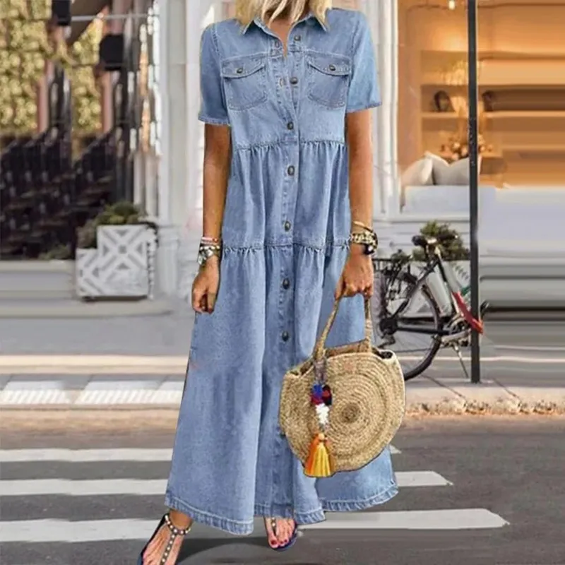 復古女洋裝2022短袖翻領口袋扣長版寬鬆牛仔洋裝夏季長連身裙 — image 4