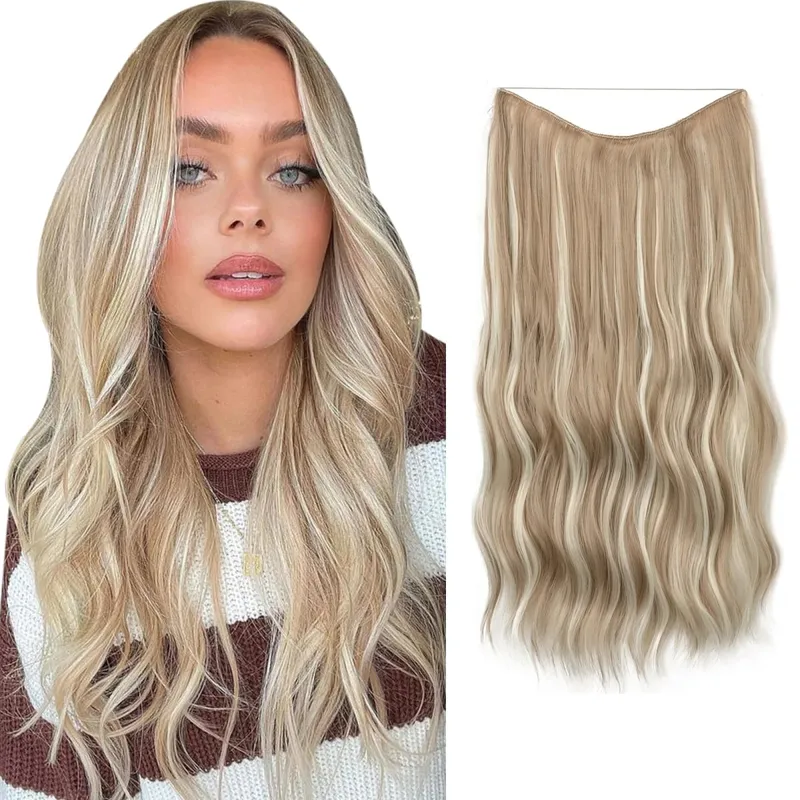 Fio invisível ondulado sintético com clipes, extensão de cabelo, linha de peixe, loiro natural, clipe em peça de cabelo falso