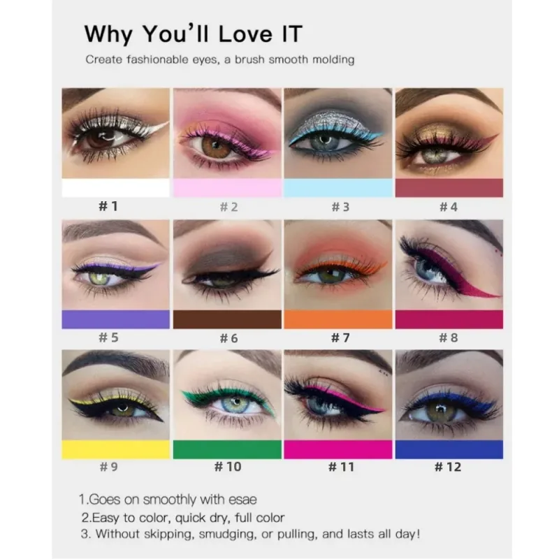 12pcs Colorful Waterproof Eyeliner Pen Set Fluorescent Matte Long-Lasting 24hrs Eye Liner Pencils for Face Makeup Decoration