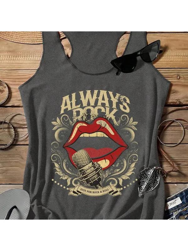 Ladies' Vintage Rock Style Sleeveless Top Lip Microphone Print I-Back Vest Summer Casual Fashion for Women