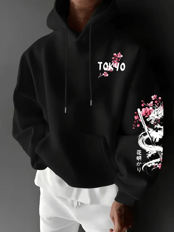 Men's anime-style dragon-patterned cherry blossom print hooded pullover for winter warmth loose and casual style