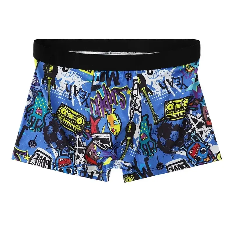 5 pçs aleatório masculino respirável boxer roupa interior com padrões de graffiti coloridos cintura elástica roupa interior na moda e na moda