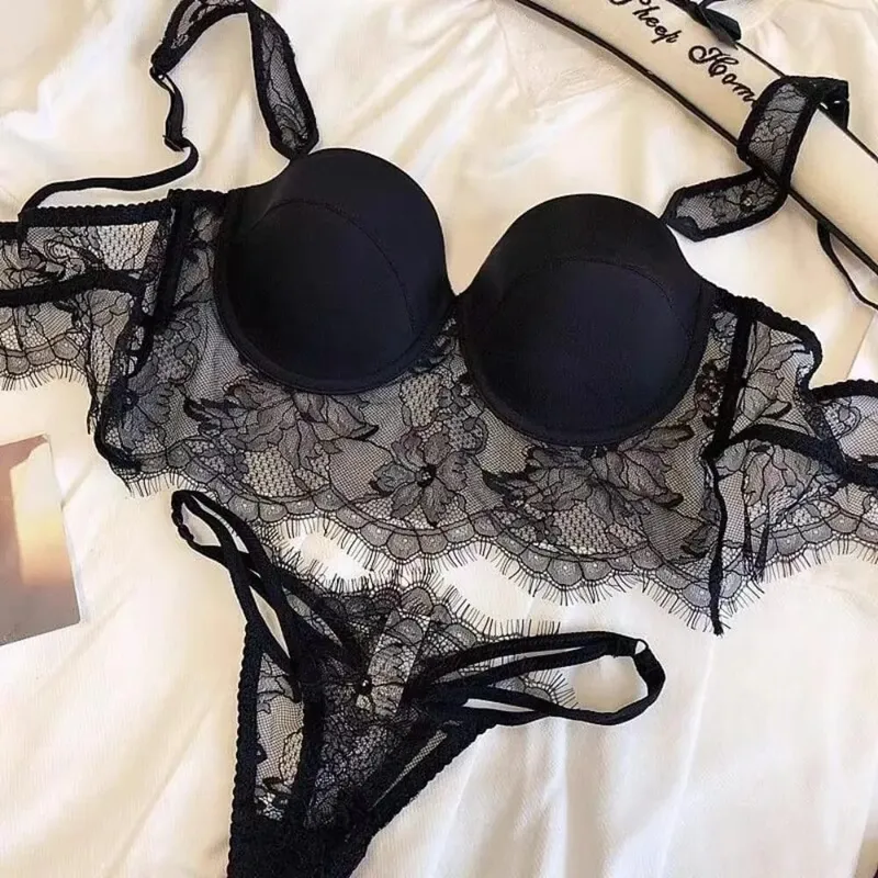 Conjunto de 2 peças de lingerie feminina chique de renda com aro macio, costas em U profundas, copo fino, push-up, verão, respirável, roupa íntima íntima S-XL