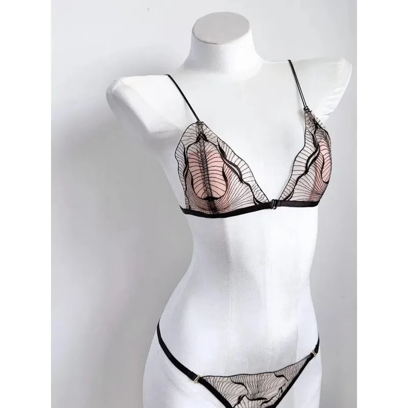 Conjunto de sutiã triangular francês premium, renda sem fio, ultra fino, alça fina, macio, sexy, lingerie sem costas, 32-38 A-B conjunto de copo