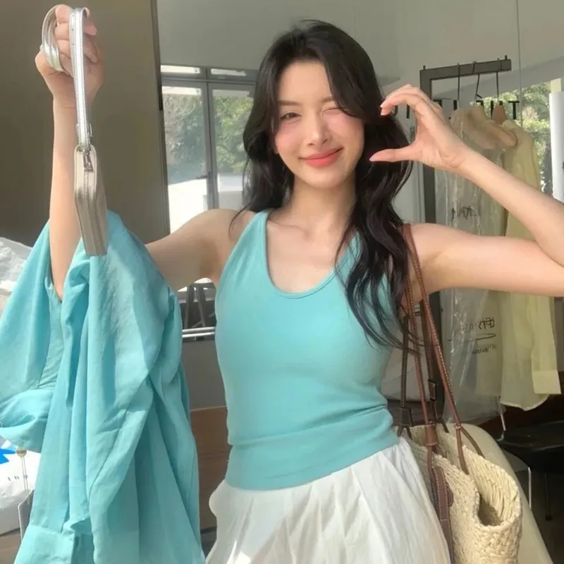 Estilo coreano com almofada no peito cinta colete u-pescoço cor sólida sem costas sem mangas superior emagrecimento feminino camis verão
