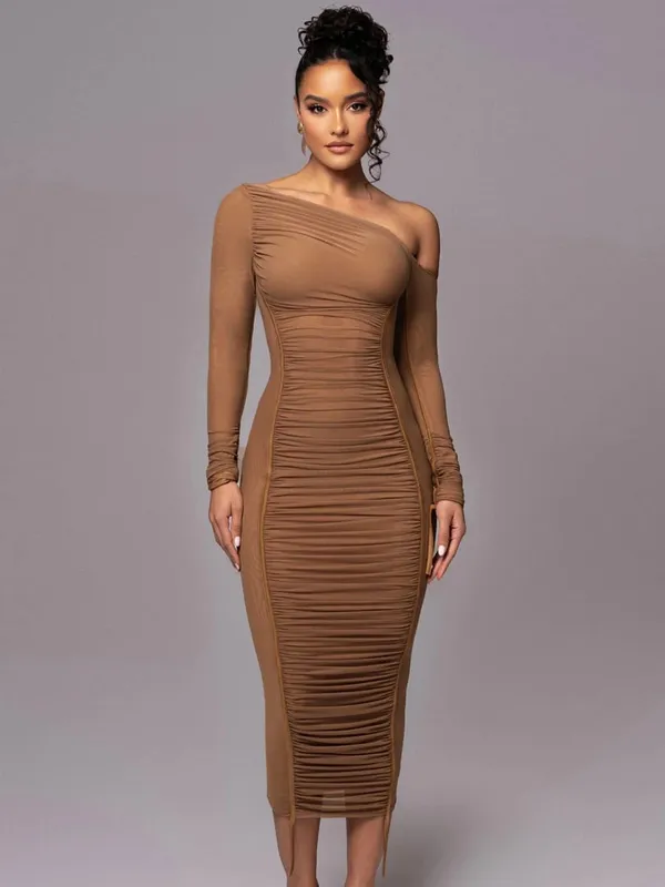 Hugcitar malha sólida gola diagonal manga longa drapeado sexy ver através bodycon maxi vestido verão moda roupas festival clube