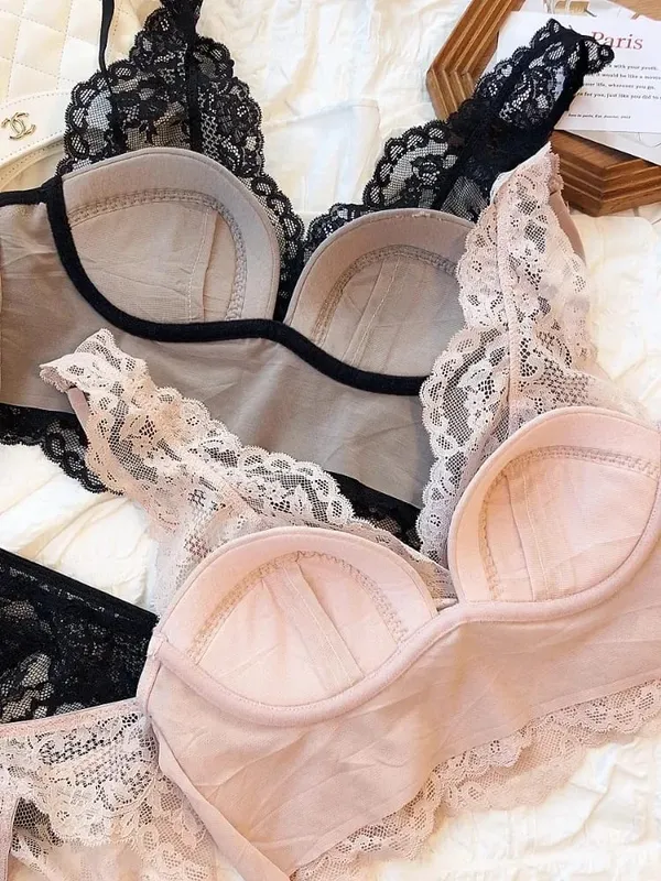 Conjunto de bralette de renda – Sutiã anti flacidez sem fio, lingerie respirável ajustável, sem arame, confortável, fino, sexy, uso diário