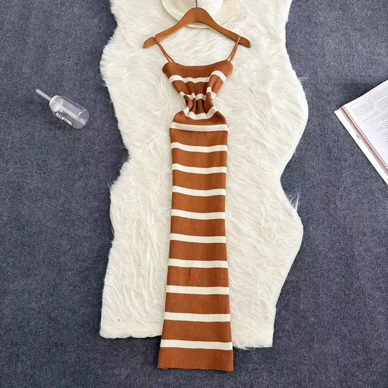 Summer Stripe Elastic Bodycon Strap Dress 2024 Sexy Beach Sundress Women Casual Slim Pencil Vestidos Maxi Long Dress