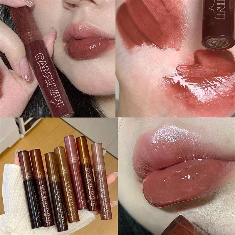 Espelho aguado chocolate brilho labial longa duração hidratante cristal geléia lábio matiz batom natureza nude lábios maquiagem cosméticos