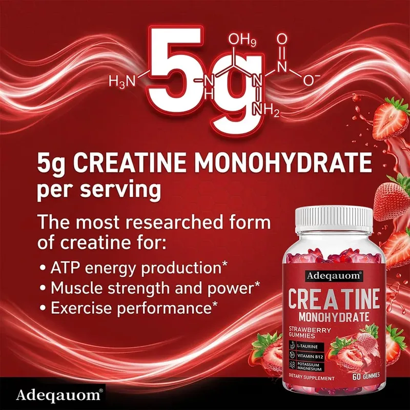Gomas de creatina monohidratada 5000mg Suporte pré e pós-treino para força muscular e recuperação, construção de massa muscular vegana