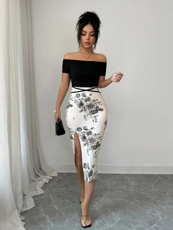 Senhoras primavera verão ombro descoberto preto topo emendado marca de água impressão split sexy elegante vestido corpo-con silhueta