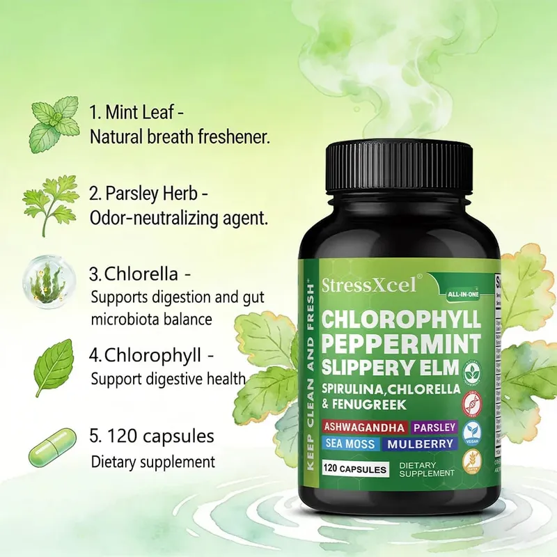 Cápsulas de clorofila com hortelã-pimenta - Apoia a limpeza interna, saúde intestinal, equilíbrio de pH, frescor natural e bem-estar diário