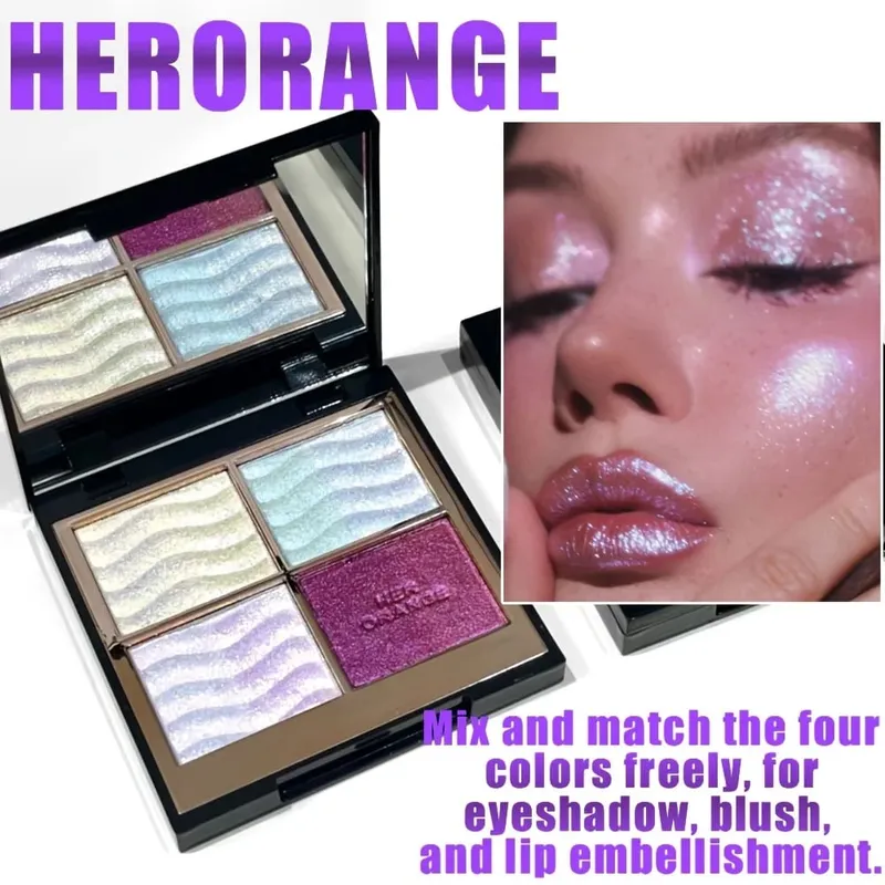 Herorange 4 Color Eyeshadow Palette with Brush Iridescent Glitter Shimmer Multi-Use as Highlight & Blush for Daily Party & Gift