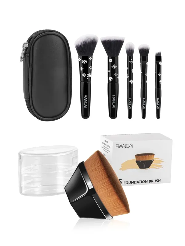 5Pcs Cute Compact Makeup Brush Set With Case Premium Brush for Flawless Foundation Blush Eyeshadow Application Beauty Tools