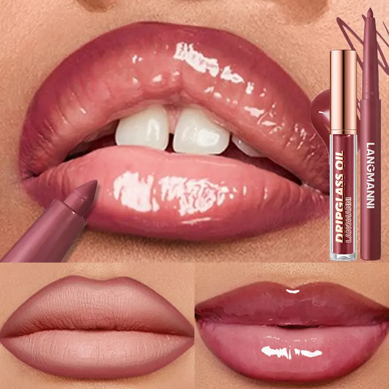 2 pçs/caixa matte veludo lipliner & espelho de vidro brilho labial à prova dwaterproof água de longa duração não-pegajoso roxo marrom forro lábio combinação conjunto de maquiagem — image 2