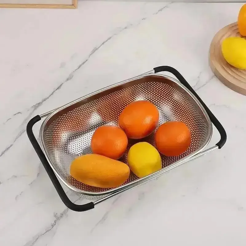 Cesta de drenagem retrátil, alças de borracha, escorredor oval, pia, drenagem de vegetais, cesta de armazenamento doméstico, aço inoxidável