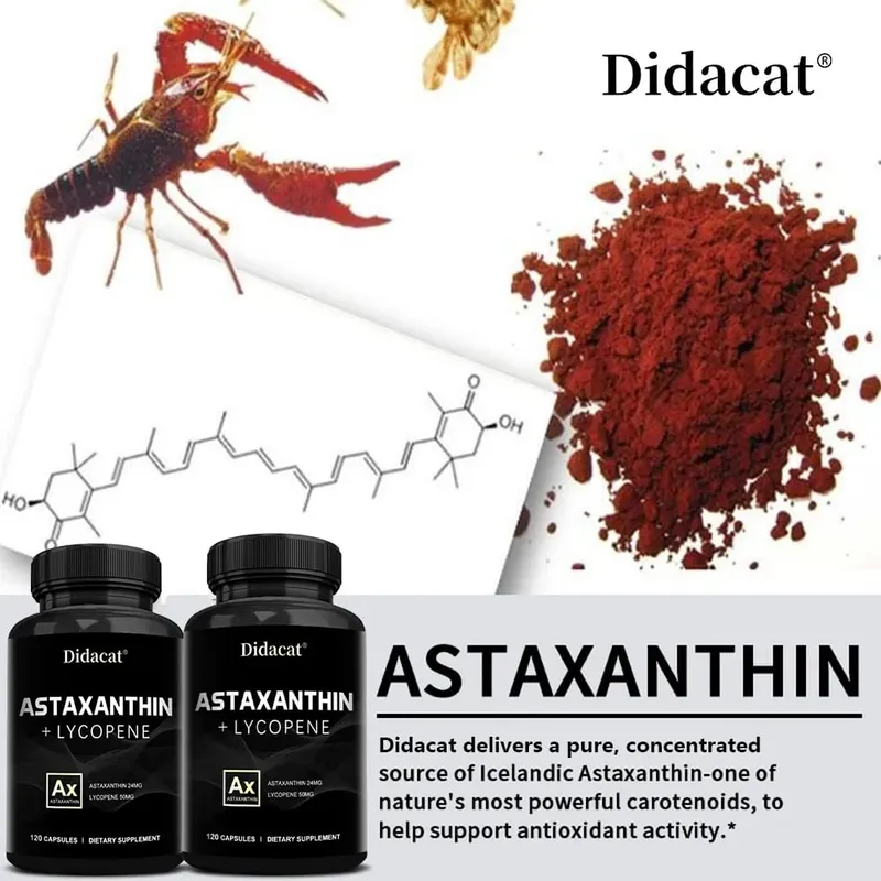 Astaxantina 24 mg + licopeno 50 mg antioxidante natural de microalgas suplemento de astaxantina apoia a saúde da pele dos olhos não-OGM