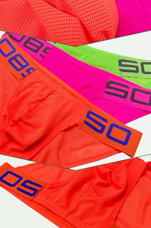 Cuecas masculinas de mistura de nylon, cuecas respiráveis ​​com letras de chifre em relevo, cintura elástica larga, cor fluorescente, roupa íntima sexy