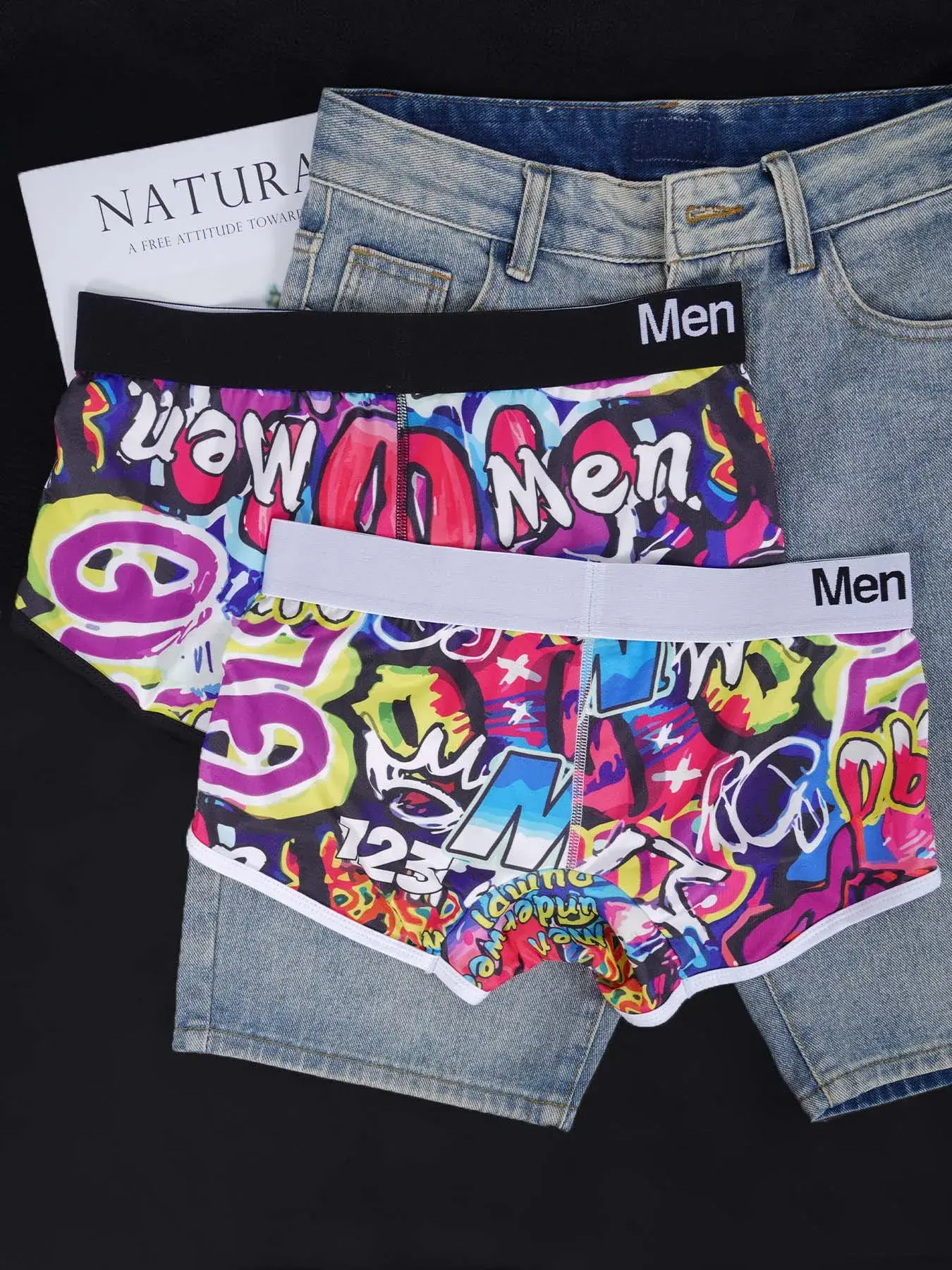 1 pçs masculino algodão mistura de náilon boxer briefs all-over graffiti impressão ampla cintura elástica não-apertado moda esporte roupa interior
