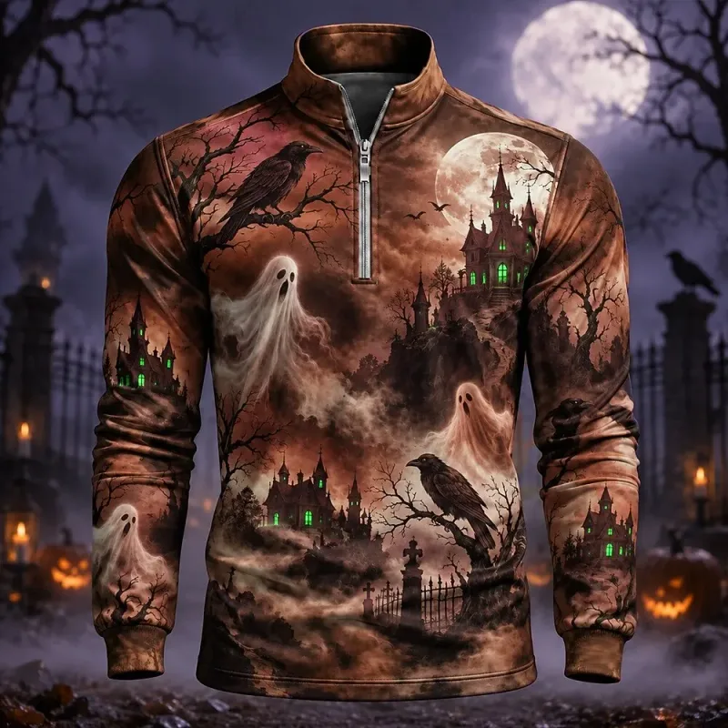 Men 1/4 Zip Sweatshirt Ghost Crow Haunted Castle Halloween Print Long Sleeve Tops