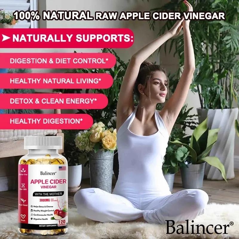 Balincer cápsulas de vinagre de cidra de maçã, queima de gordura, supressor de apetite, perda de peso saudável, suplemento vitamínico de limpeza