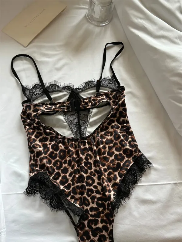 Sexy leopardo impressão halter bodysuit para mulher fina estiramento renda lingerie de uma peça com pescoço pendurado — image 4