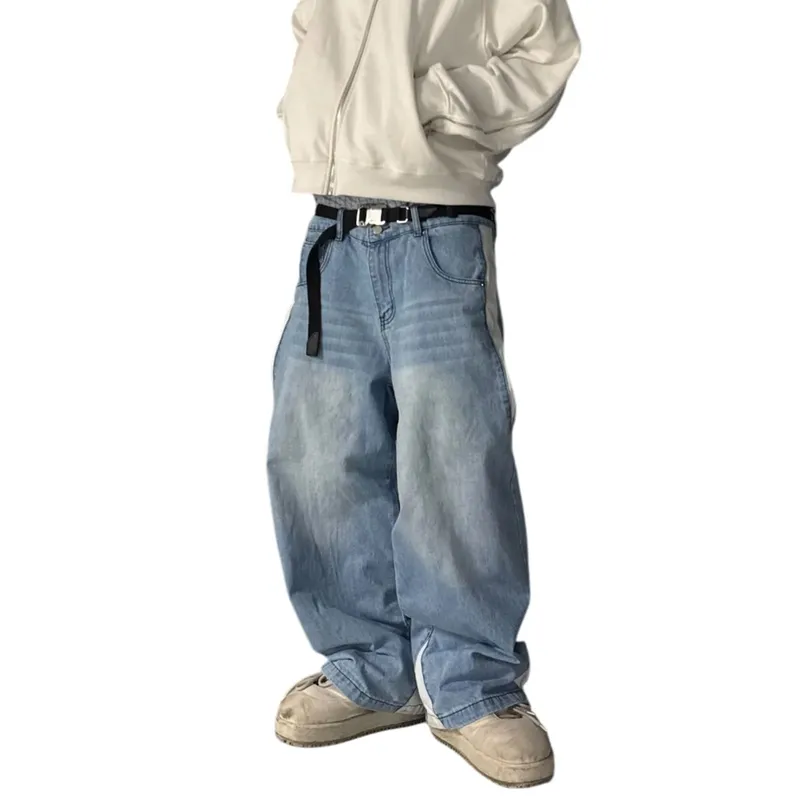 Wijde pijpen jeans heren rechte broek Vintage patchwork gewassen noodlijdende midden taille zakken 2025 streetwear denims losse broek