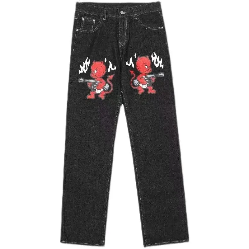 Harajuku retalhos flor de cerejeira bordado calças jeans y2k vintage feminino baggy em linha reta perna larga jeans rua roupas masculinas