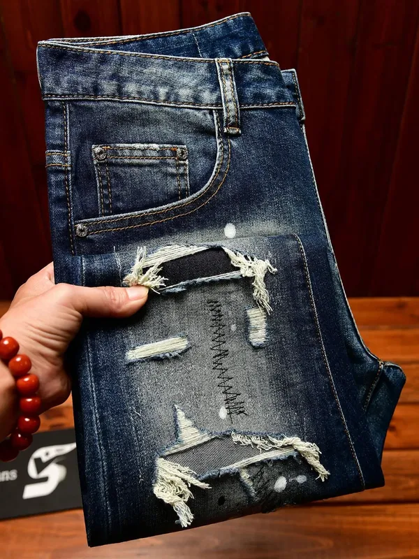 High end nostalgic jeans for men slim fit with small holes patches scraped inkjet street trend elastic retro denim pants