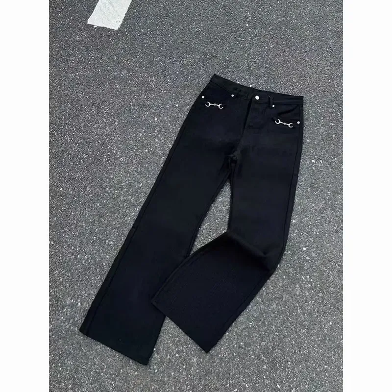 American-style retro button design washed jeans spring and autumn high-waist loose high-street wide-leg jeans for men and women