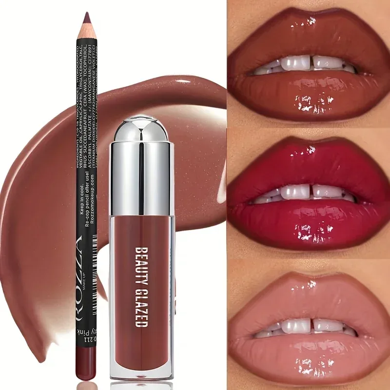 2 unidades conjunto de brilho labial delineador labial de longa duração natural nude brilho labial à prova d'água óleo labial — image 3