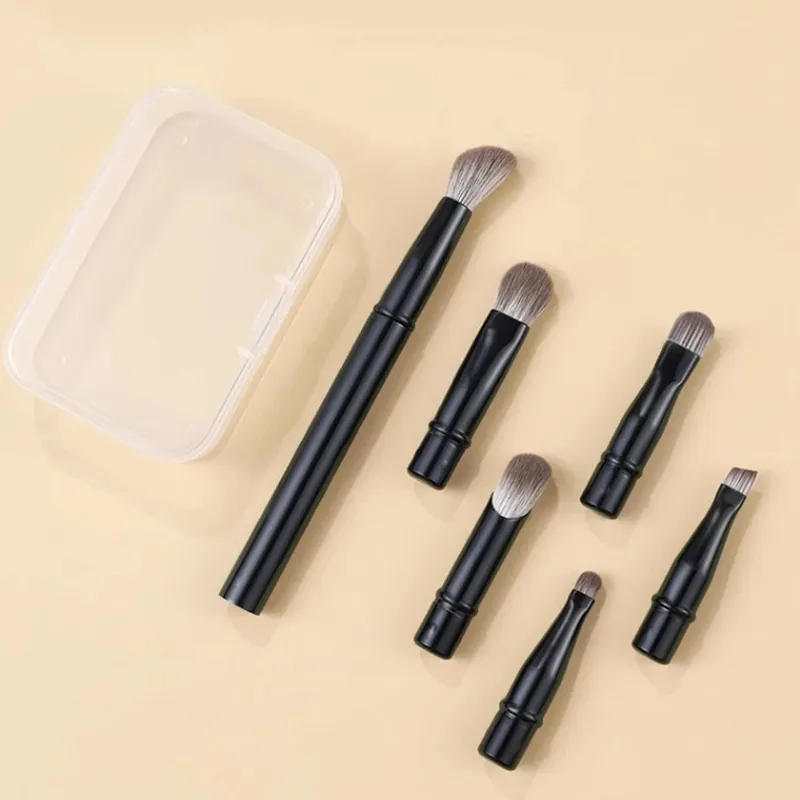 6 pçs portátil maquiagem escova substituição cabeça conjunto nariz sombra escova com caixa para mulheres profissional cosméticos puff escova mais limpa