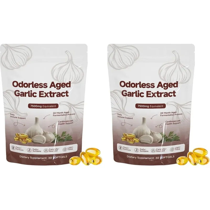 Extrato de alho envelhecido inodoro 7500mg Softgels equivalentes 30 contagens Suplemento diário de alho Coração e suporte geral de bem-estar