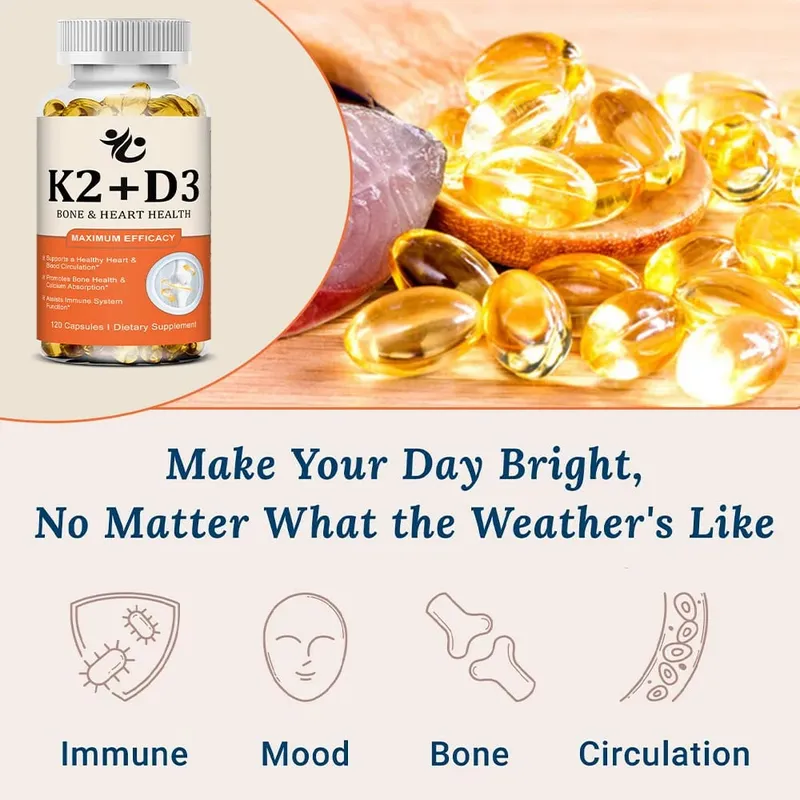 Cápsulas de vitamina D3 + K2 apoiam a absorção de cálcio, bem-estar ósseo e articular, função cardiovascular e saúde do sistema imunológico