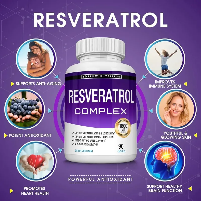 Complexo de Resveratrol - Suplemento de Resveratrol Trans com Semente de Uva - Promove o envelhecimento saudável, função cerebral do sistema imunológico 90 comprimidos