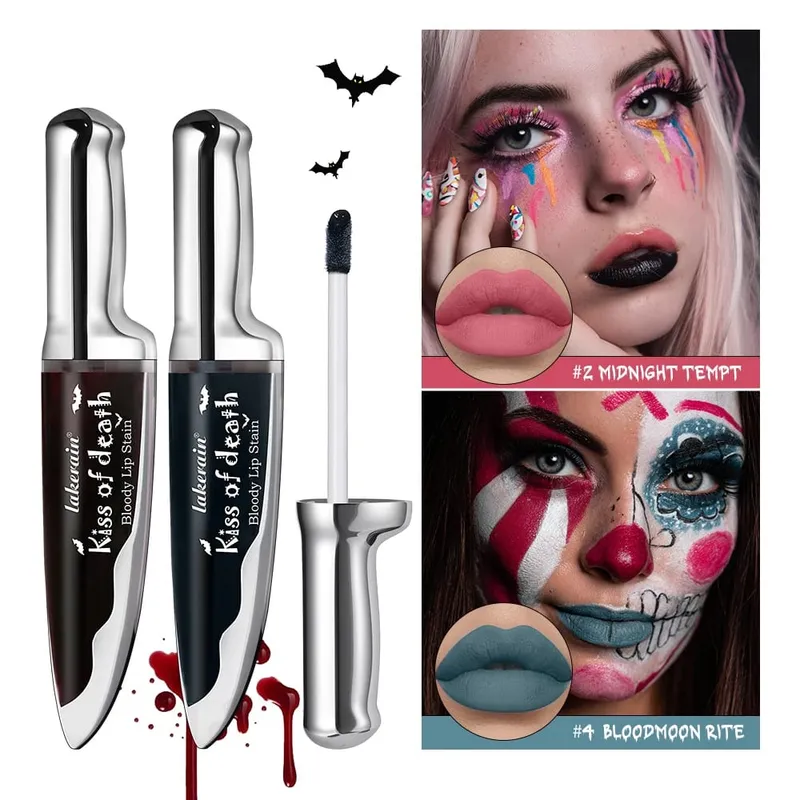 Conjunto de maquiagem gótica para halloween, 5 peças, mancha labial, creme escuro, blush, sombra, delineador com glitter, com bolsa, cosplay, festa, rosto e corpo