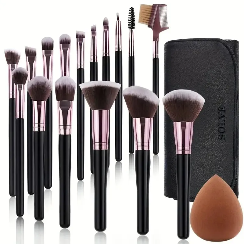 Professional 16PCS Makeup Brushes Set - Soft Fluffy Bristles for Eye Shadow Foundation Premium Leather Case Luxe Textured Cosmet