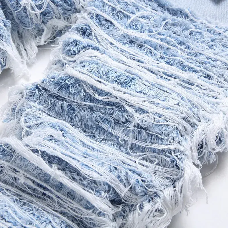 Men's Light Blue Fringe Denim Jeans Ripped Distressed Destroyed Streetwear Pants with Patches Patchwork Loose Fit Trousers