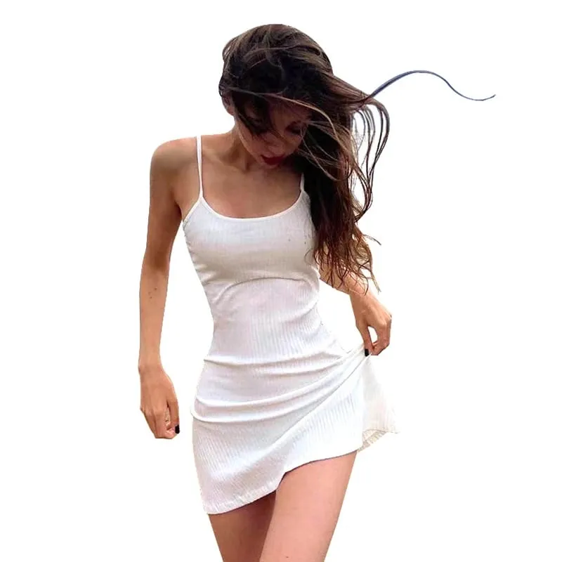 Women's Summer Mini Slim Dress Solid Color Ribbed Sleeveless Camisole Dress Revealing Backpack Buttocks Beach Vacation Dress