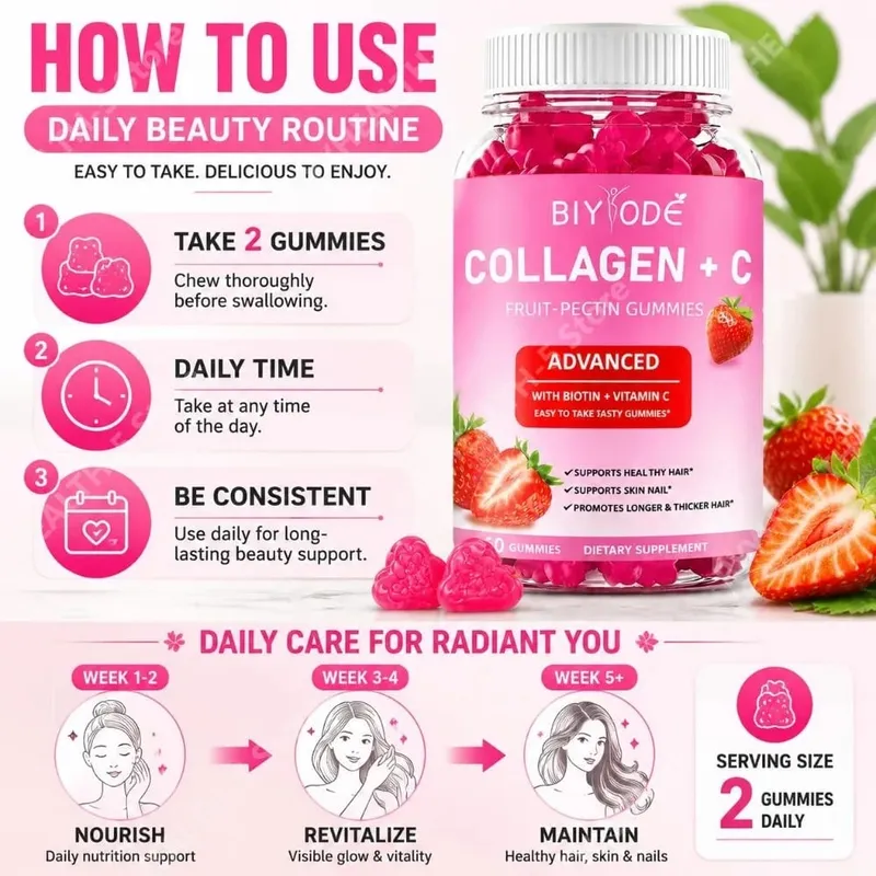 Gomas de Colágeno + C Frutas-Pectina com Vitamina C Antioxidante Natural Suporta Cabelo, Pele e Unhas Saudáveis 60 Gomas — image 5