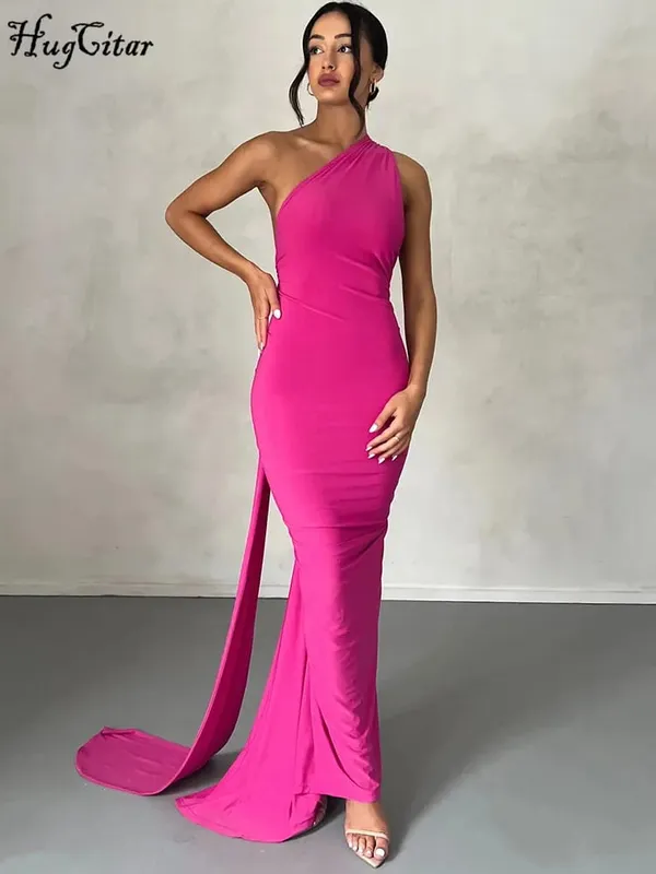 Hugcitar One Shoulder Backless Adjustable Scarf Loop Ruched Sexy Maxi Dress Women Elegant Y2K Streetwear Festival Outfit