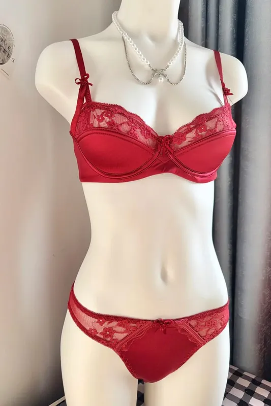 Conjunto de sutiã minimizador de renda vermelha, popular, meia xícara, ultra fino, busto grande, suporte macio, festa de noiva, lua de mel, noite, 32-38
