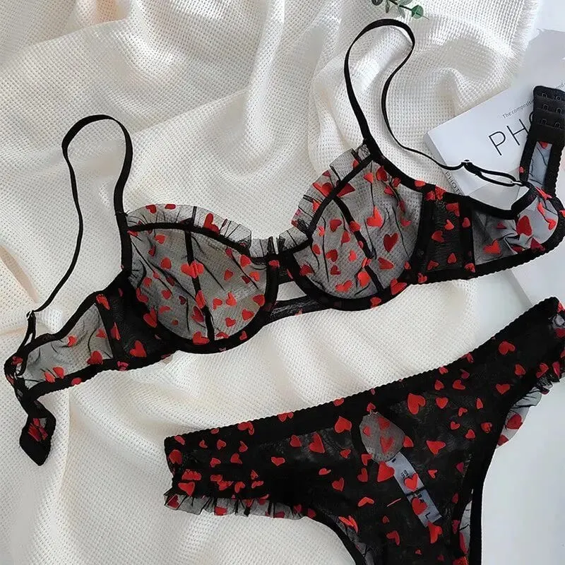 Conjunto de lingerie transparente com estampa de coração francês, sutiã ultra fino com armação, renda sexy, push up, reunião, pequeno impulso de peito, venda quente — image 8
