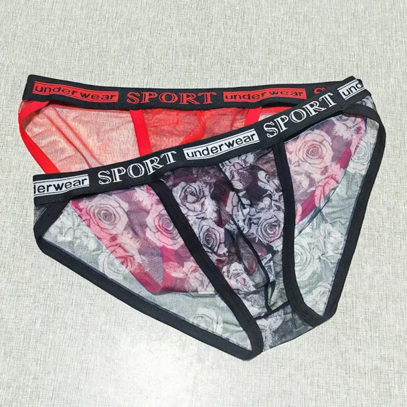 1pc masculino rosa impresso briefs alta perspectiva garfo roupa interior sexy malha pura calcinha respirável confortável cuecas