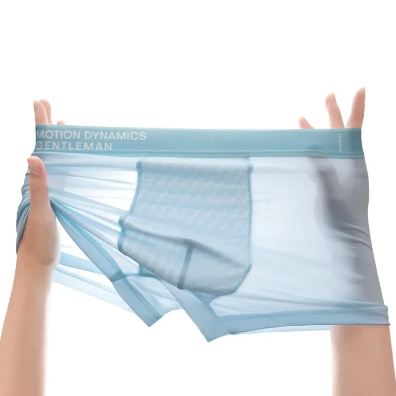 Cuecas boxer masculinas de seda gelada de verão, 3 pacotes, roupa íntima de cor sólida suave ultra-fresca, cintura elástica com letras de dinâmica de movimento