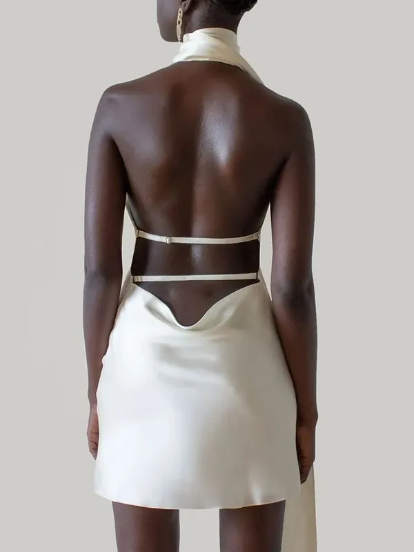 Vgh retalhos vestidos formais para mulheres gola halter fora do ombro sem mangas cintura alta sem costas cetim mini vestido estilo feminino
